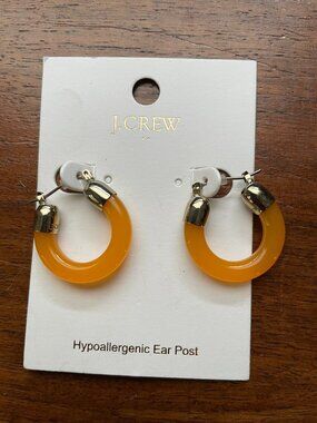 NWT J.Crew Factory Orange Enamel Resin Hoop Earrings Gold Tone New on Card
